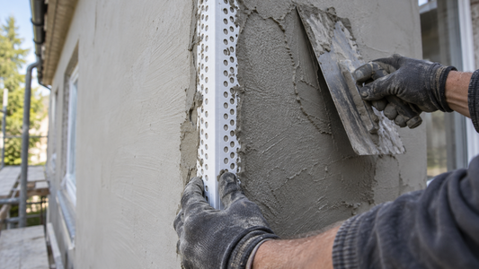 A renderer setting a white uPVC angle bead onto the freshly rendered external corner of a house wall, trowel applying grey render in daylight.
