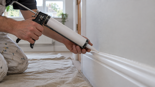 A decorator running a neat bead of white caulk along the top of a skirting board with a caulking gun in a painted interior room.