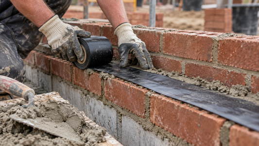 A bricklayer laying a roll of black polythene damp proof course into a fresh mortar bed joint near the base of a new brick wall.
