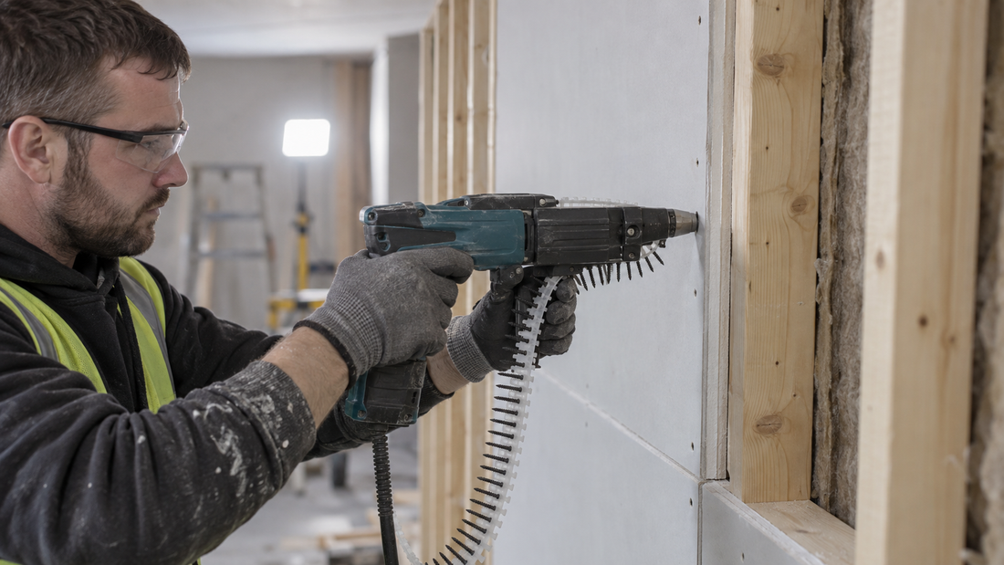 A dryliner fixing plasterboard to a timber stud wall with a collated auto-feed drywall screw gun, the collated screw strip feeding into the gun.