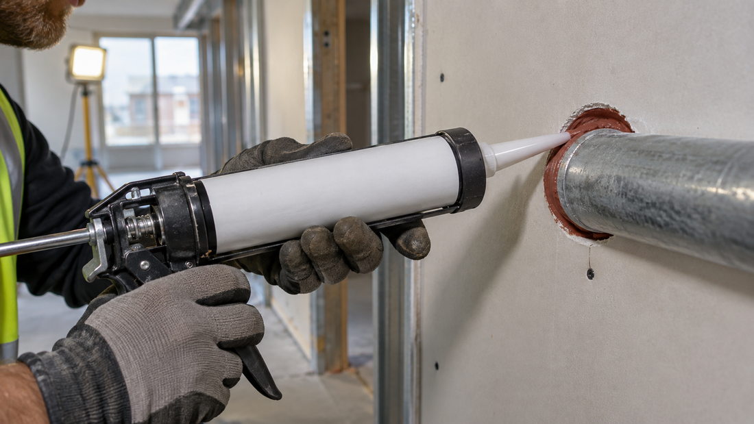 A builder applying a bead of sealant with a caulking gun around a pipe where it passes through a wall, fire-stopping a service penetration.