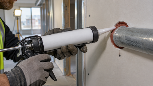A builder applying a bead of sealant with a caulking gun around a pipe where it passes through a wall, fire-stopping a service penetration.