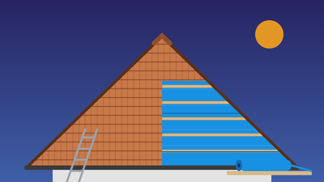 Pitched roof half tiled and half covered in blue breathable roofing membrane with battens, a ladder and a membrane roll at the eaves