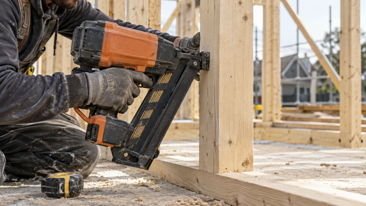 A carpenter using a gas-powered first-fix nail gun to fix a timber stud frame on a building site, sawdust and a tape measure in shot.