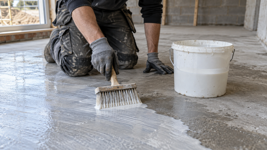 A builder brushing a milky white SBR bonding coat onto a grey concrete floor before laying screed, with a bucket of the liquid beside.