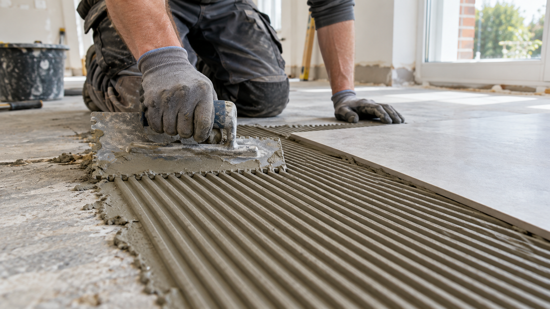 A tiler spreading grey cement tile adhesive on a floor with a notched trowel, the ribbed adhesive bed visible, a large floor tile being laid.