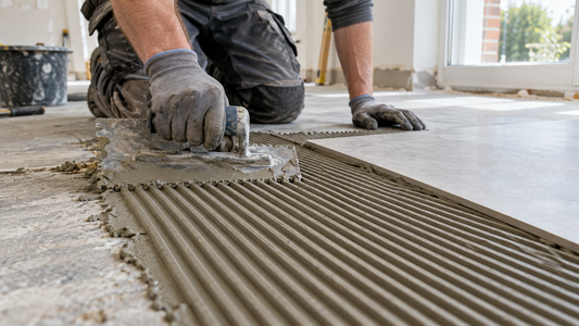 A tiler spreading grey cement tile adhesive on a floor with a notched trowel, the ribbed adhesive bed visible, a large floor tile being laid.